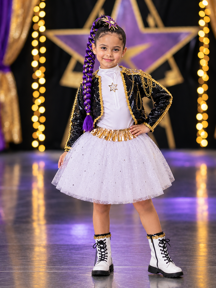 Disfraz K-pop para niña con chaqueta negra brillante y falda tutú